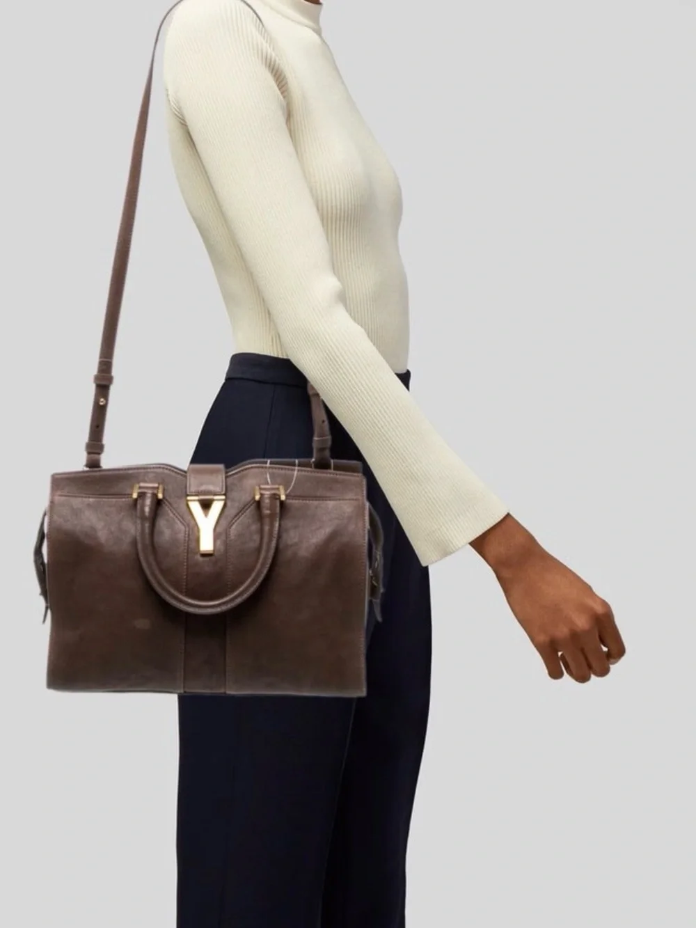 Yves Saint Laurent Brown Leather Duffel with Gold Hardware